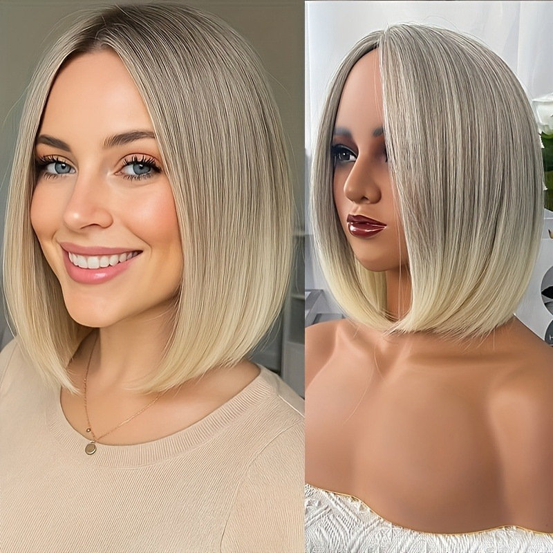 Factory Direct Sale of Fashionable Wigs, Middle-Parted Bob Hairstyle, Gray Gradient Gold, Stylish Short Straight Hair, Full Wig, in Stock for Dropshipping
