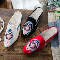 拖鞋 夏季布藝拖鞋京劇花旦臉譜繡花尖頭女涼鞋