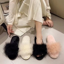跨境外贸毛毛拖鞋女外穿时尚新款潮鞋火鸡毛平底韩版露趾家居拖鞋