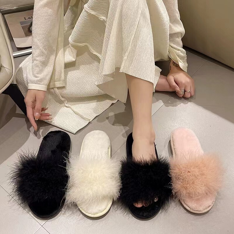 Cross-border Foreign Trade Mao Mao Slippers Women's Outwear Fashion New Fashionable Shoes Thick Feather Flat Korean Style Open Toe Home Slippers