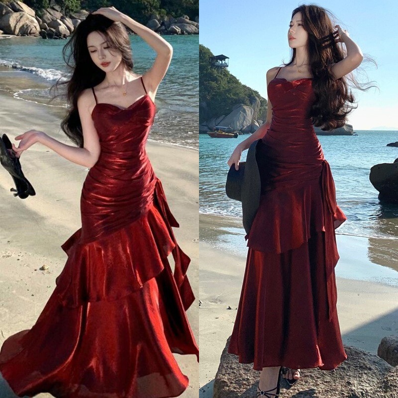 Mermaid Red Ruffled dress 2025 New Style One-character Collar Sling Adult Banquet Dress with Chest Pad Mermaid Red Ruffled dress 2025 New Style One-character Collar Sling Adult Banquet Dress with Chest Pad