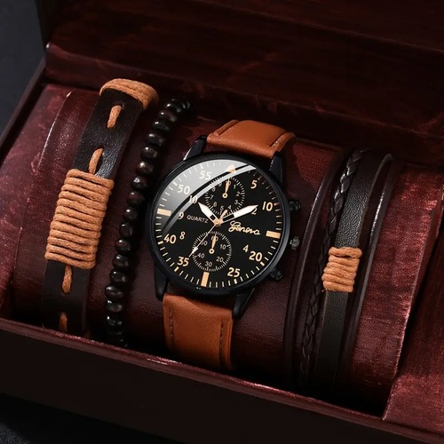 Men's bracelet watch set Single calendar fake three-eye canvas quartz watch + PU bracelet set Men's watch