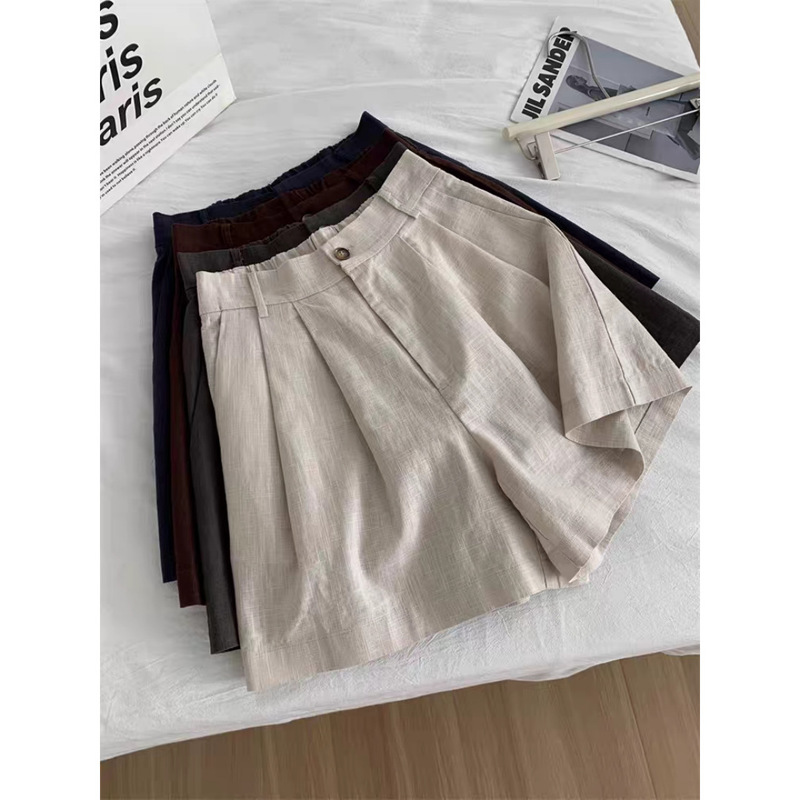 Japanese-Style Linen Shorts for Women, Summer High-Waisted Slimming A-Line Wide-Leg Pants, Petite Casual Cotton-Linen Mid-Length Shorts, Five-Point Pants
