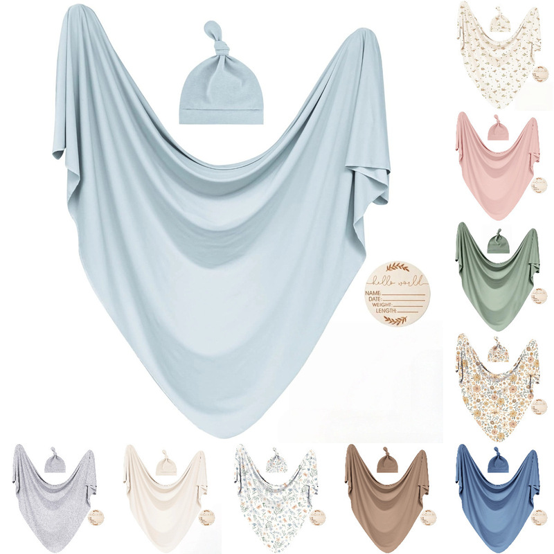 Foreign Trade Cross-Border Three-Piece Set of Newborn Wraps, Solid Color Printed Wraps, Fetal Caps, Month Cards, Three-Piece Set
