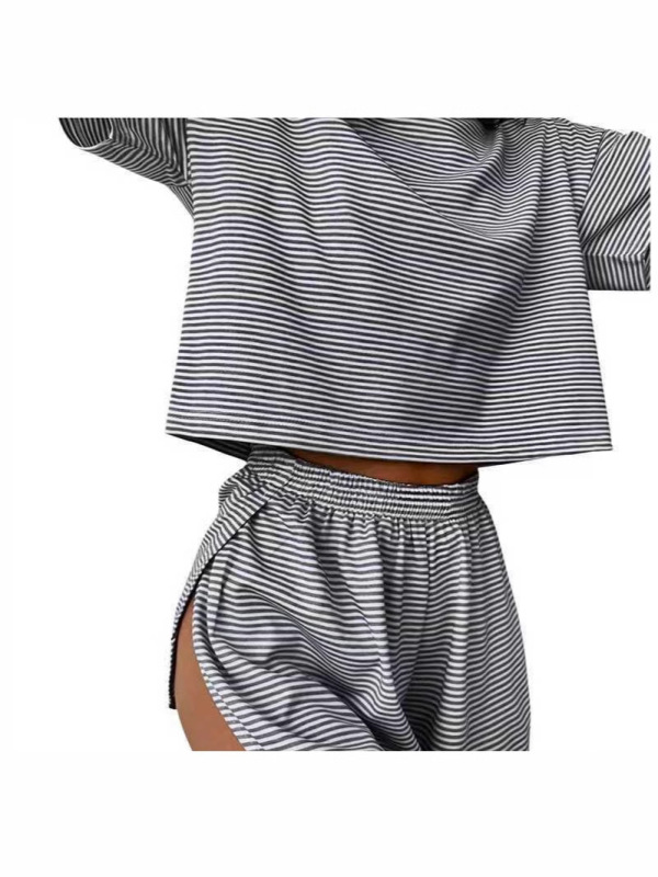 クロスボーダー Amazon 2025 夏 シンプルで快適なストライプ半袖ウエストゴムショーツ ホーム服 2点セット 女性用|undefined