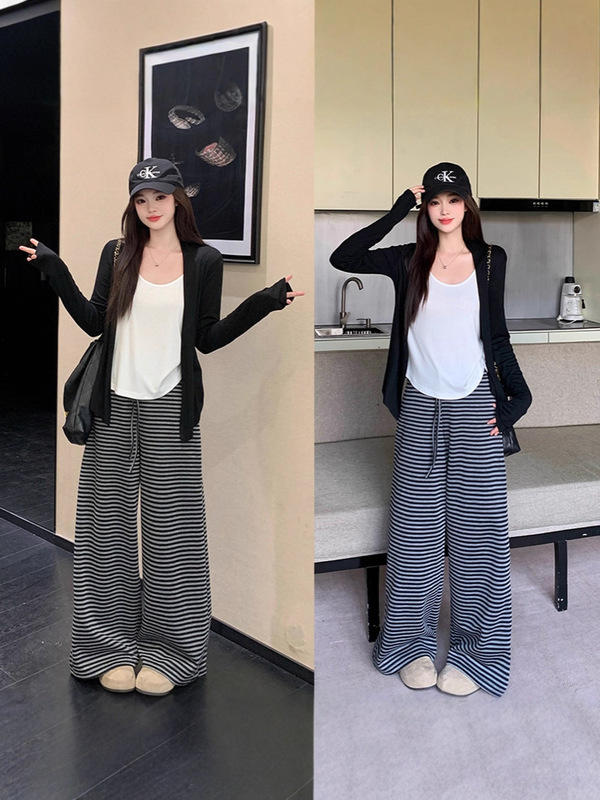 大码女装时尚减龄慵懒穿搭假两件上衣+条纹阔脚裤两件套装|undefined