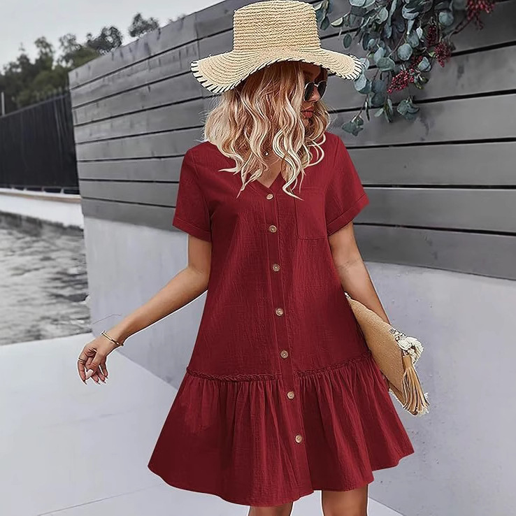Summer 2025 Single-breasted Women's dress Loose Pocket dress Ruffled Hem Casual Short Sleeve