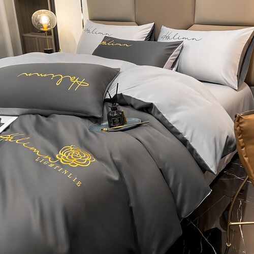 2024 New Washed Satin + Washed Cotton Nordic Simple Solid Color Washed Cotton Bedding Set with 1.8m Bed Sheet