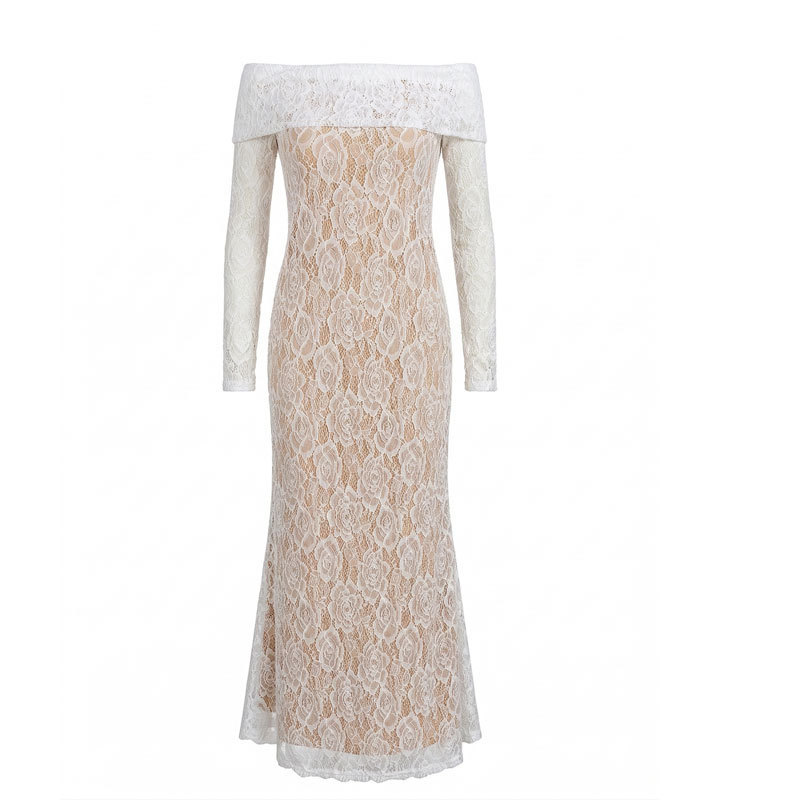 One-Shoulder Lace Mermaid Dress for Women, Elegant and Ladylike, Slim-Fitting, Hip-Hugging, Mid-Length Evening Gown for Banquets and Bridesmaids