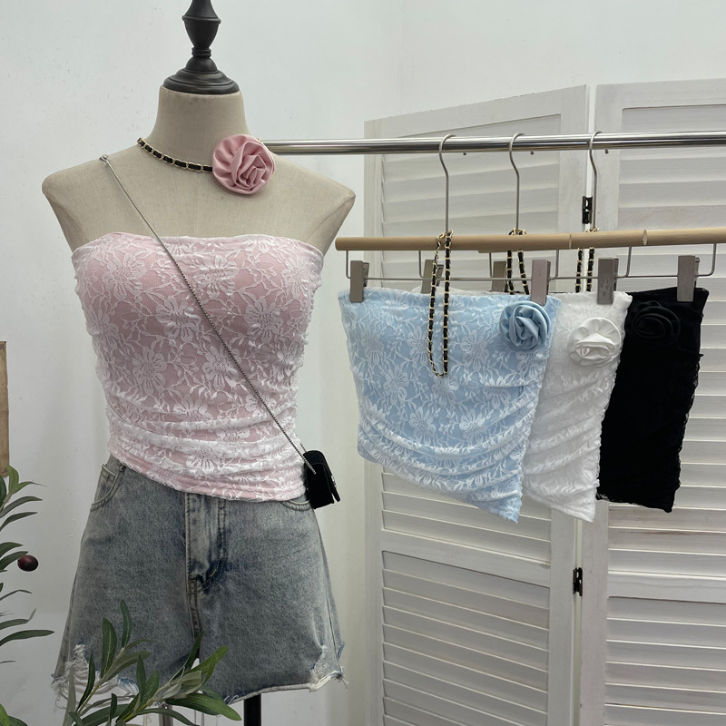 实拍 多巴胺蕾丝性感抹胸带胸垫挂脖立体花朵短款小背心上衣 9208