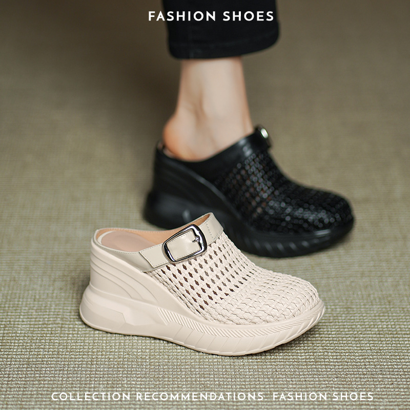 Sandal cao gót nữ mũi hở đế xuồng 8.5cm da thật kiểu La Mã đan lưới — màu đen, màu mơ