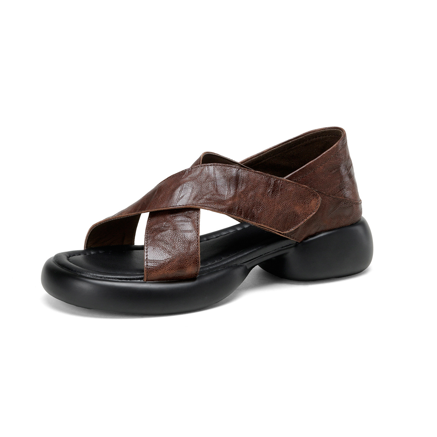 Sandal nữ hở mũi đế dày 4 cm da cừu quai chéo bọc gót — màu nâu