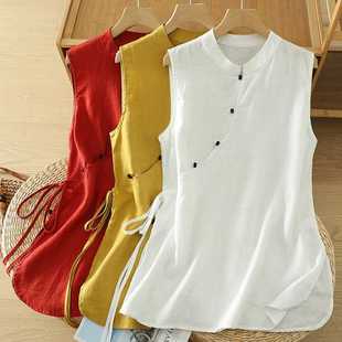 New Chinese-Style Cotton and Linen Layered Long Shirt, Sleeveless Diagonal Placket Chinese-Style Shirt with Fashionable Side Ties