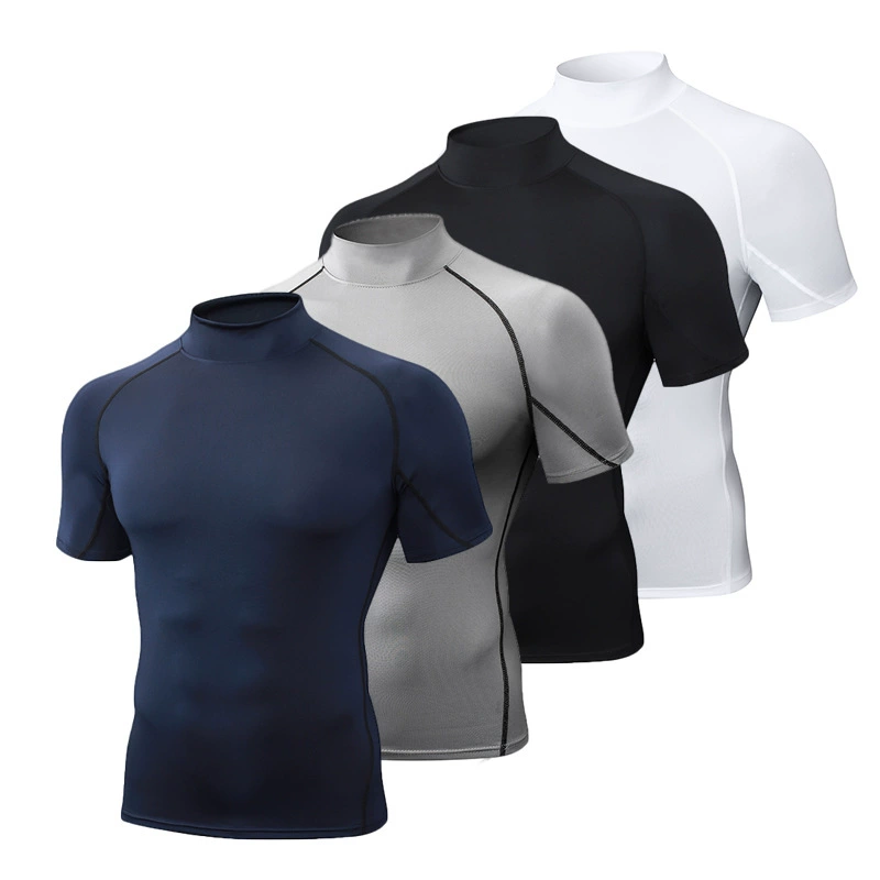 Облегающая быстросохнущая мужская летняя эластичная футболка с высоким воротником, одежда для бега, фитнеса и тренировок, спортивная компрессионная одежда с короткими рукавами