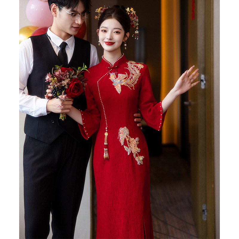 Red Wedding Dress with a High-End Feel, Fishtail Cheongsam for Engagement, New Chinese-Style French Style, Petite Size