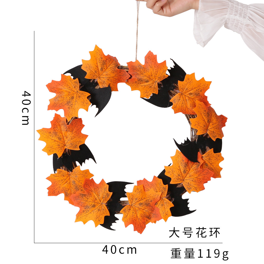 Nueva decoración de corona de hojas de arce para Halloween, adorno de anillo de guirnalda artificial, decoración de puerta con anillo de guirnalda de murciélagos para Halloween. image 7