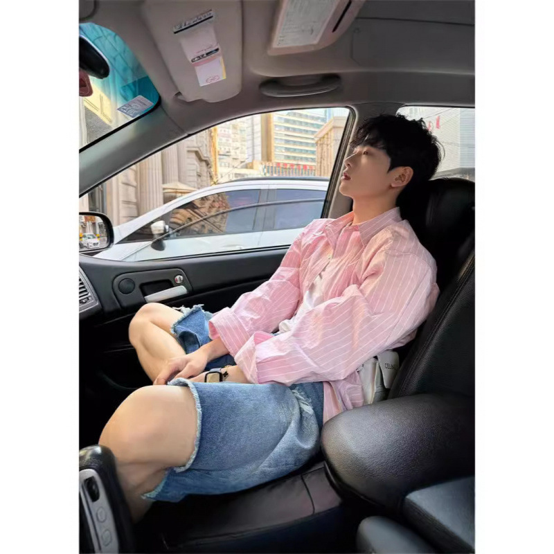 Pink Shirt Men's and Women's Ins High-end Striped Shirt Retro Jacket Sunny and Clean for Boys in Spring and Autumn Pink Shirt Men's and Women's Ins High-end Striped Shirt Retro Jacket Sunny and Clean for Boys in Spring and Autumn