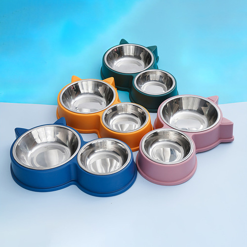 Cat-shaped dual-bowl stainless steel dining set wholesale home-style cat bowl integrated pet bowl to keep your mouth dry while feeding and drinking