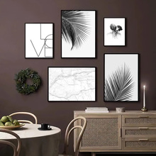 现代简约北欧黑白叶子植物字母大理石装饰挂画客厅卧室组合无框画