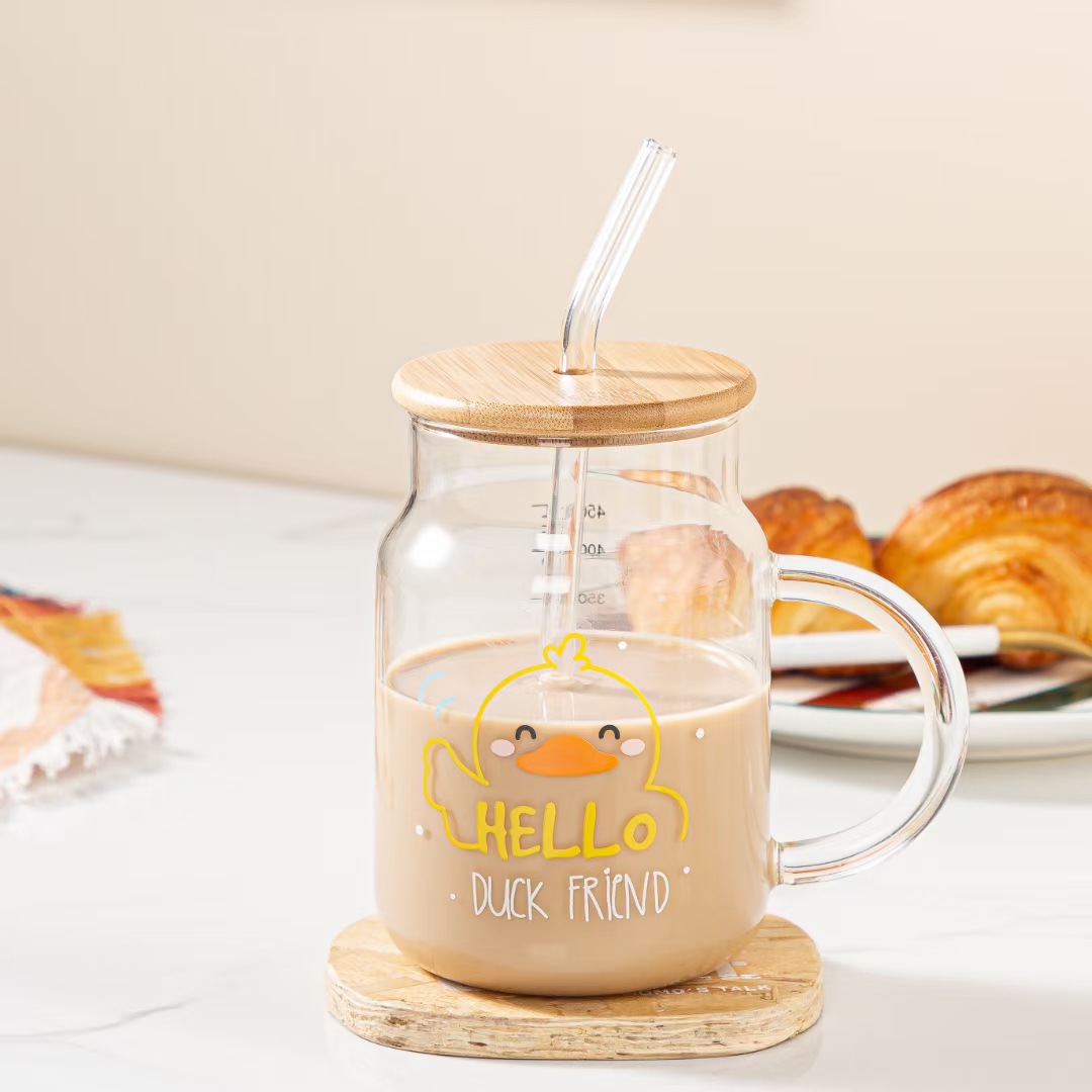 Creativo lindo de dibujos animados amarillo pato paja taza de leche de vidrio personalizado lindo jugo taza café hogar taza de agua