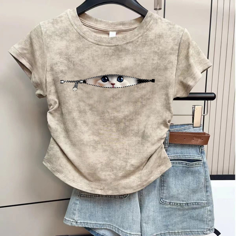 アメリカンピュアコットンホットガール半袖Tシャツレディースウエストショートタイダイデザイン2025夏多用途学生トップ|undefined