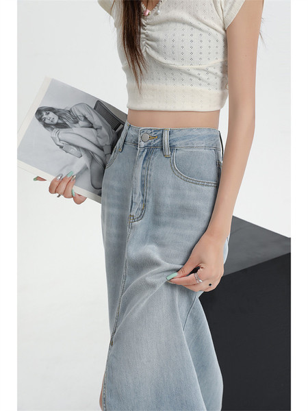 Blue summer thin long denim skirt