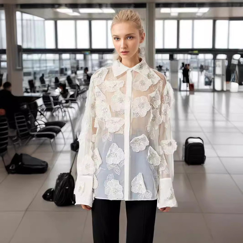Spring 2024 New Fashion Lapel Heavy Industry Organza Embroidered Stereo Flower Sequin Stitching Design Sense Shirt