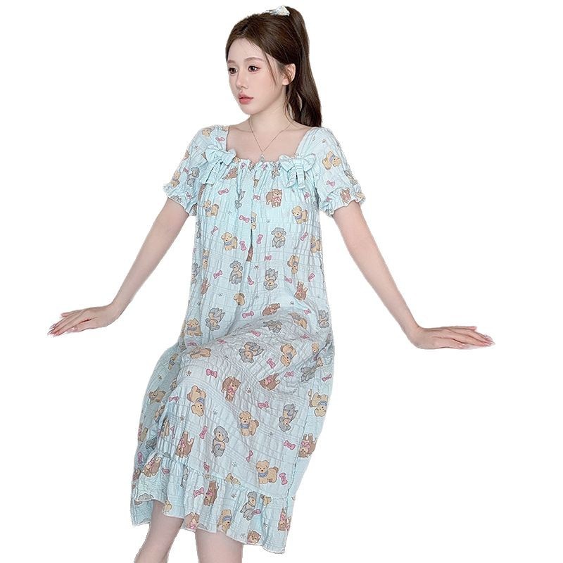 Pijamas de hilo de algodón de nube para mujer, estilo dulce de verano con almohadilla para el pecho, camisón largo de manga corta, gran tamaño 200 kg servicio a domicilio