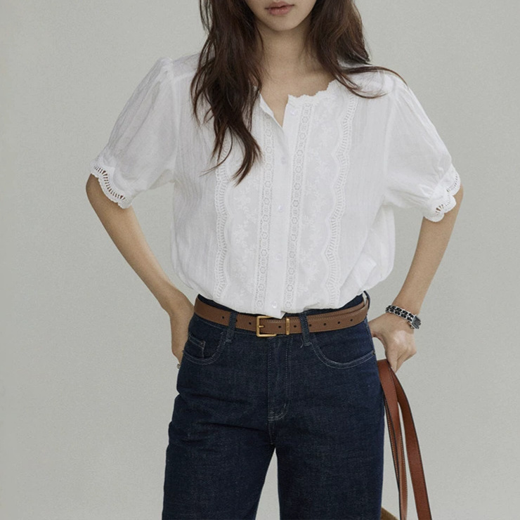 Joli Choose Round Neck Embroidered Hollow Cuff Lace Shirt for Women, French Country Style, Niche Minimalist Top Joli Choose Round Neck Embroidered Hollow Cuff Lace Shirt for Women, French Country Style, Niche Minimalist Top