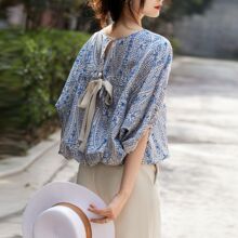 清新时尚百搭2025夏季清爽仿桑蚕丝棉蝙蝠袖后蝴蝶结衬衫上衣女