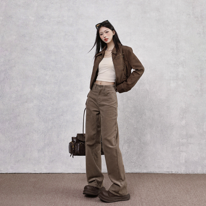 棕色灯芯绒裤子女2025秋冬新款复古美拉德棕色奶油灰窄版直筒裤女|undefined
