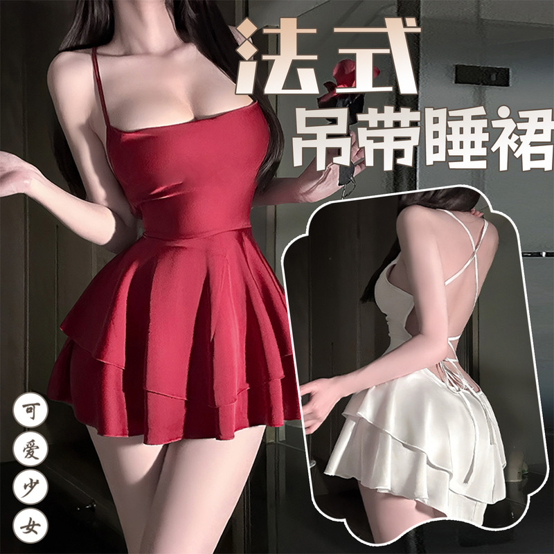 Sexy Lingerie with Pure Desire Style Satin Camisole Nightdress for Women with Beautiful Back Tie Uniform Temptation Sleepwear Qqny