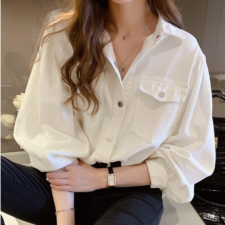 White shirt for women 2024 spring new fashion design sense niche top loose long sleeve Denim shirt