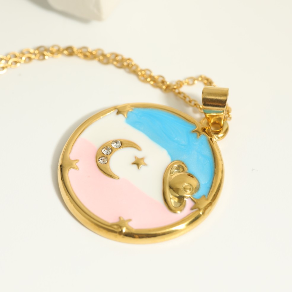 Saturn Moon Star Element Drop Oil Pendant Titanium Steel Necklace 18k Gold Plated display picture 1