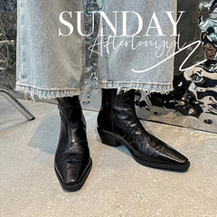 Cowboy Boots with Pointed Toe, Western Style, Barefoot, North American Creased, Genuine Leather, V-Opening, Thick Heel, Short Boots for Women, Back Zipper, Short Leg