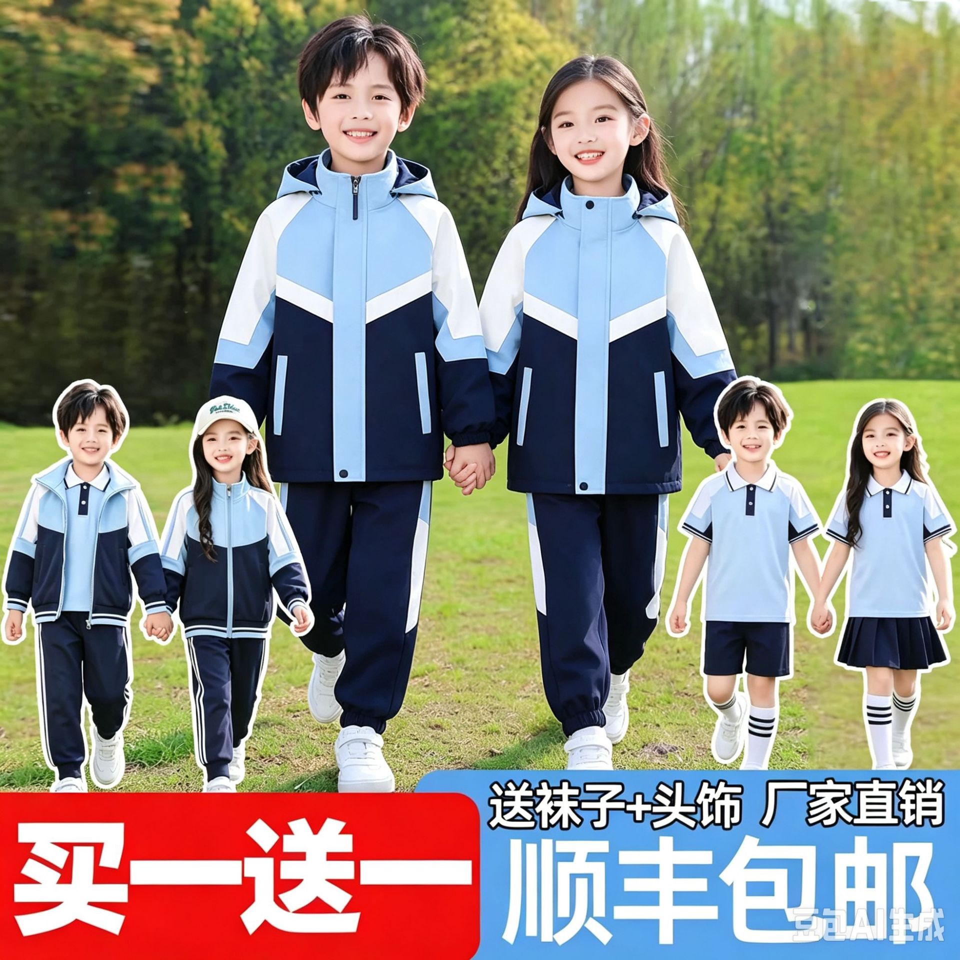 Kindergarten school uniform spring and autumn three-piece set, primary school student sports blue class uniform, children's British-style windbreaker school uniform