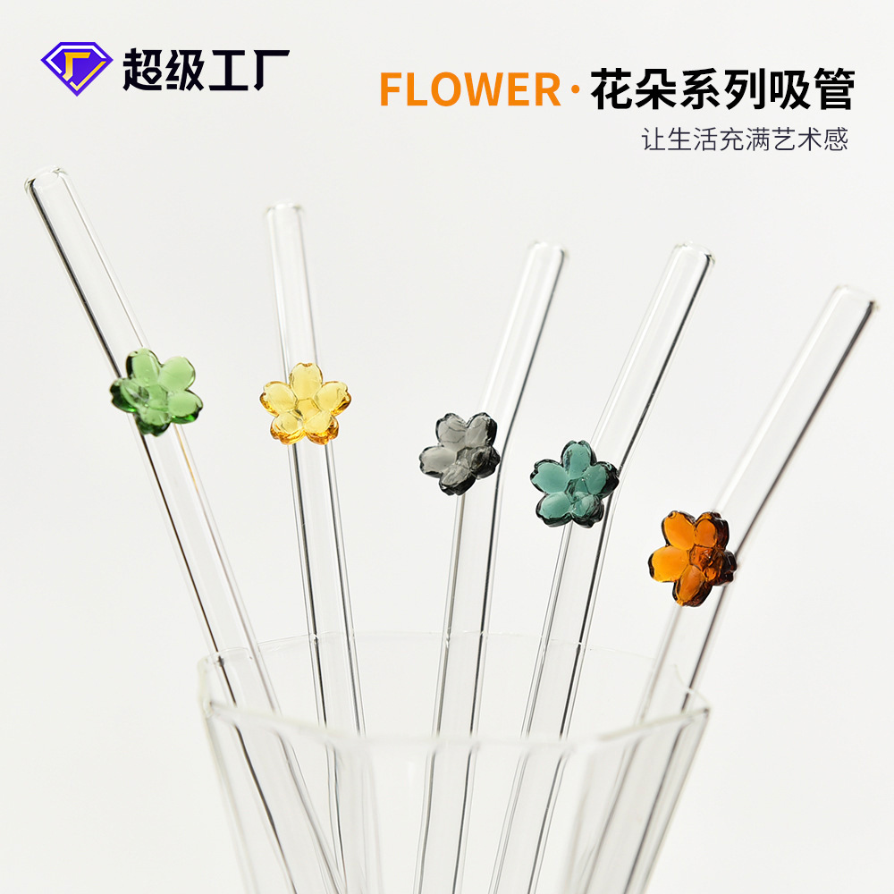 Popote de Vidrio con Diseño de Flor de Vidrio Resistente al Calor, Reutilizable para Bebidas