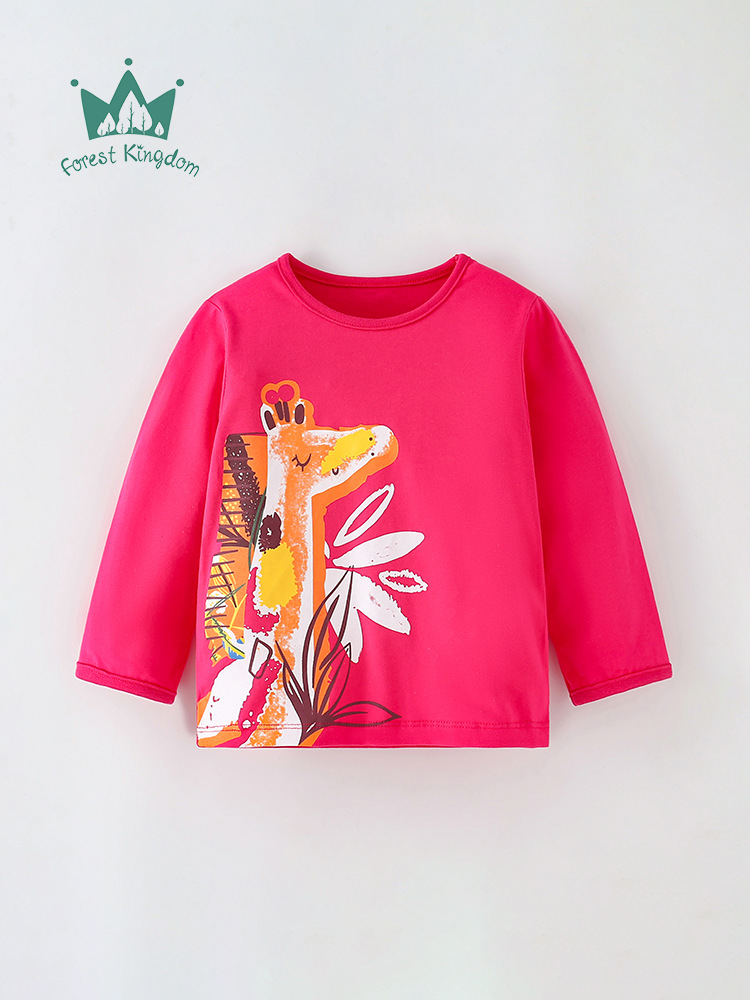 Forestkingdom ropa para niños al por mayor 2023 nueva camiseta de manga larga para niñas de dibujos animados patrón de estilo occidental camisa de fondo