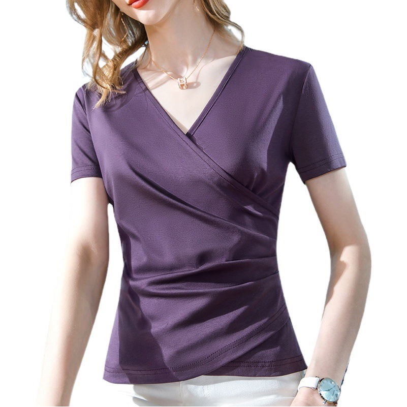 Camiseta de manga corta de algodón mercerizado de doble cara para mujer verano 2023 nueva camiseta de algodón con cuello en v cruzado para mujer cintura plisada top