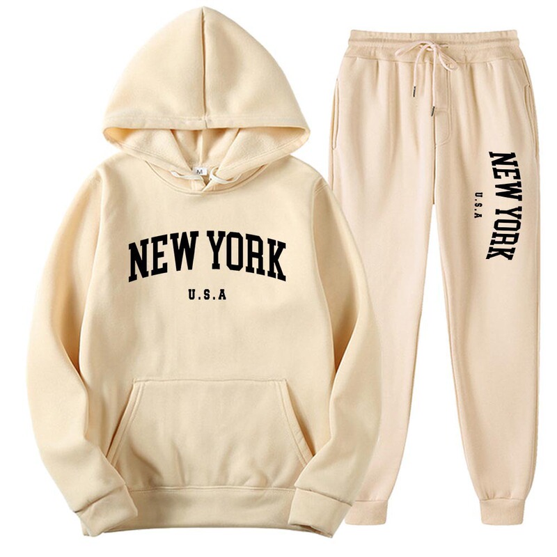 New York Letter Print Sweatshirt Set for Men and Women, Fashionable Letter Print Graphic Sweatshirt, Loose Casual Hooded Set