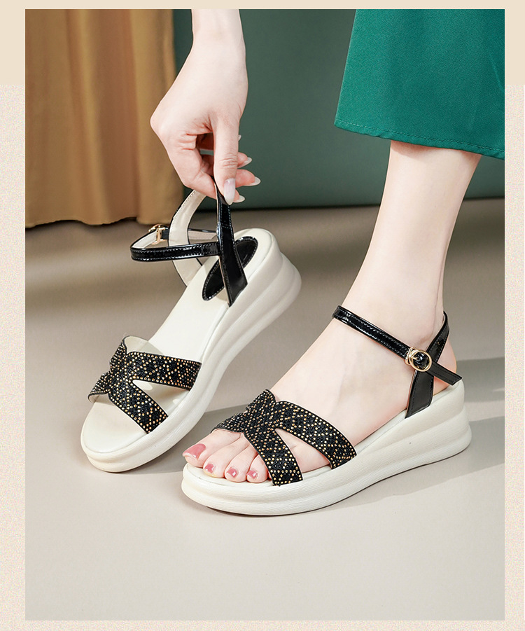 Dép sandal nữ đế xuồng cao quai chữ V, phong cách thể thao, tăng chiều cao — Đen【Dép】603 chi tiết 28