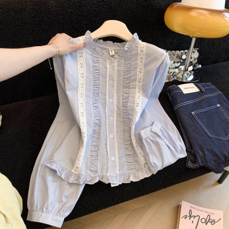 Palace-Style Lace Collar Striped Shirt for Women, Spring 2026 New French Style, Youthful and Stylish Long-Sleeve Blouse A10793