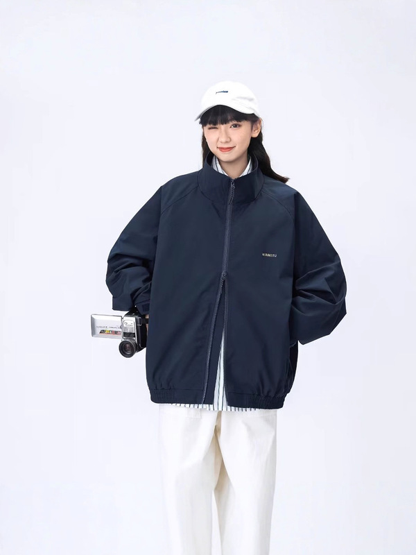 春季新款日系休闲夹克男翻领小标刺绣宽松纯色外套春秋款2025年潮|undefined