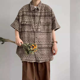 2024复古衬衫男夏装港风学生宽松小众设计感趣味新款男装上衣外穿