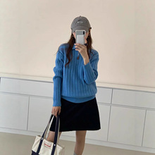 跨境亚马逊秋冬新款简约通勤翻领拉链针织衫纯色竖条纹套头毛衣女