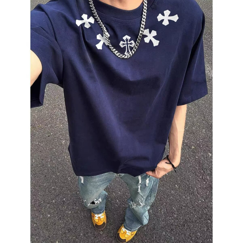 260g Heavyweight Pure Cotton Non-Transparent Trendy Personalized Printed T-Shirt Summer Round Neck Short-Sleeve Men's Loose Cross Print T-Shirt Trendy 260g Heavyweight Pure Cotton Non-Transparent Trendy Personalized Printed T-Shirt Summer Round Neck Short-Sleeve Men's Loose Cross Print T-Shirt Trendy