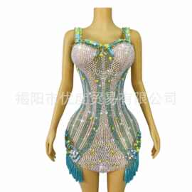 闪耀欧美紧身性感跨境生日礼服酒会派对夜场霉霉演出短裙贝壳蓝裙