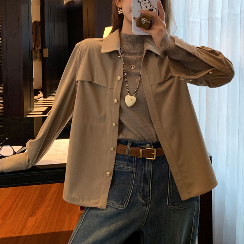 MENGXIANG-작은 올매치 따뜻하고 게으른 코듀로이 레트로 미니멀리스트 셔츠 여자 겨울 탑