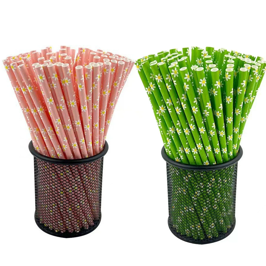Большой в наличии Оптовая одноразовая бумажная солома Разлагаемый цветочный цветок ромашки розы Бумажная солома Amazon