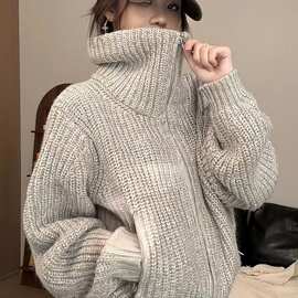 韩系复古拉链高领毛衣女秋冬慵懒高级感宽松粗线厚款针织开衫外套